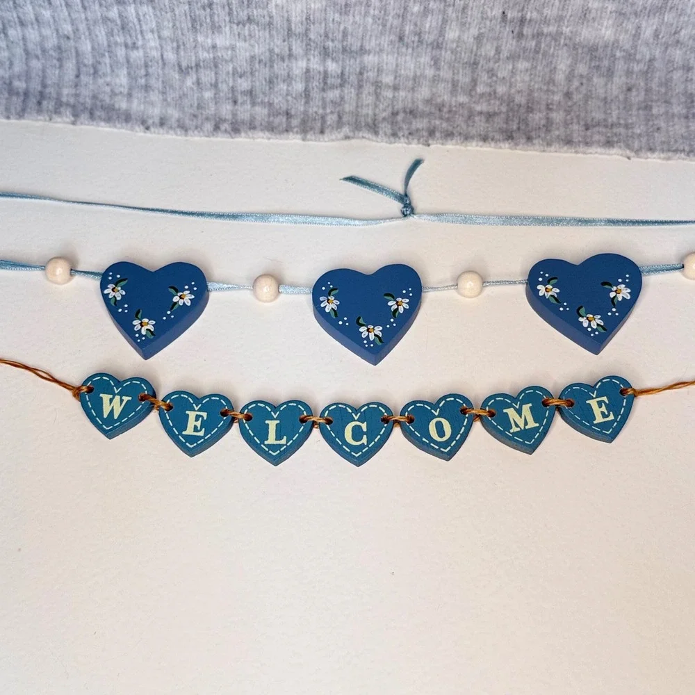 Blue Wooden Heart Welcome Garland Set Floral Painted 90s Cottagecore Wall Decor